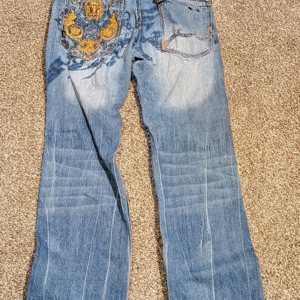 Akademiks Jeans Mens 34 Y2K Baggy Distressed Beaded Embroidered Hip Hop Denim - Picture 9 of 16
